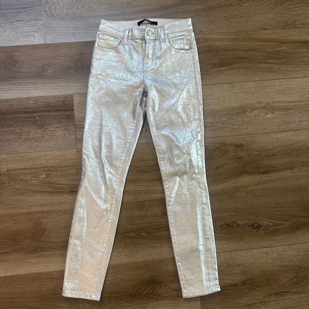 J Brand Metallic Silver Coated Skinny Jeans Crackle Foil Glam Party Pants Sz 24